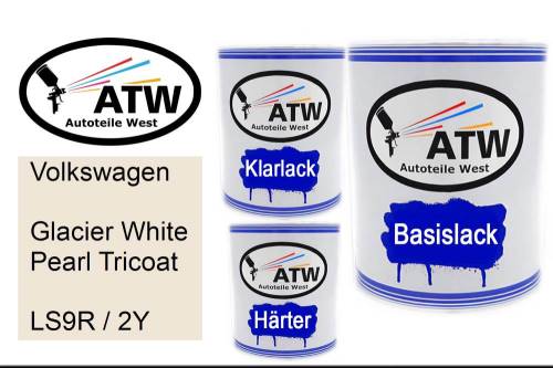 Volkswagen, Glacier White Pearl Tricoat, LS9R / 2Y: 1L Lackdose + 1L Klarlack + 500ml Härter - Set, von ATW Autoteile West.